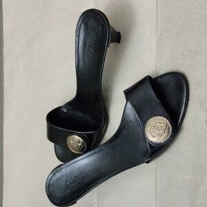 Gucci Kitten Heel Sandals with Silver Logo Sheild